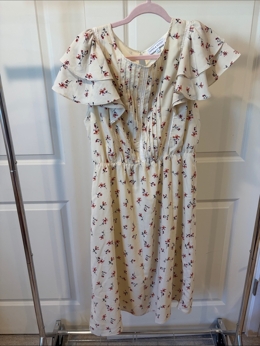 Ruffle-Sleeve Ivory Floral Midi Dress by Piper & Scoot